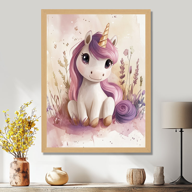 Licorne du pré de lavande - Tableau encadré pour chambre d'enfant, H 20 po x l 12 po, Natural Picture Framed