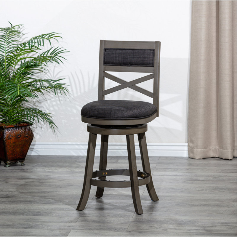30" Bar Height X-Back Swivel Stool, Weathered Gray Finish Grey, Charcoal Fabric Seat, Gray, Charcoal