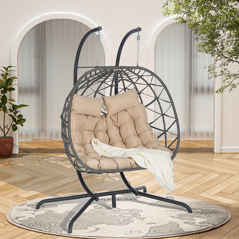 Fauteuil double avec support, fauteuil pivotant en osier et rotin pour l'intérieur et l'extérieur, chaises hamac, Gris foncé