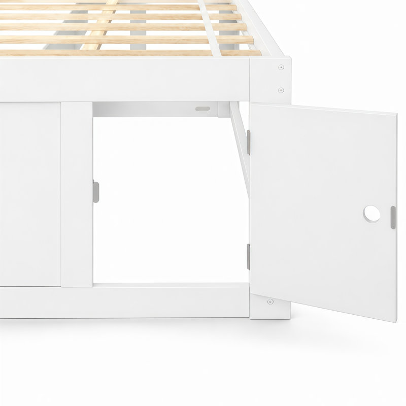 Lit capitaine simple avec 4 tiroirs de rangement, porte de rangement latérale, cadre de lit plateforme en bois, sans sommier, blanc