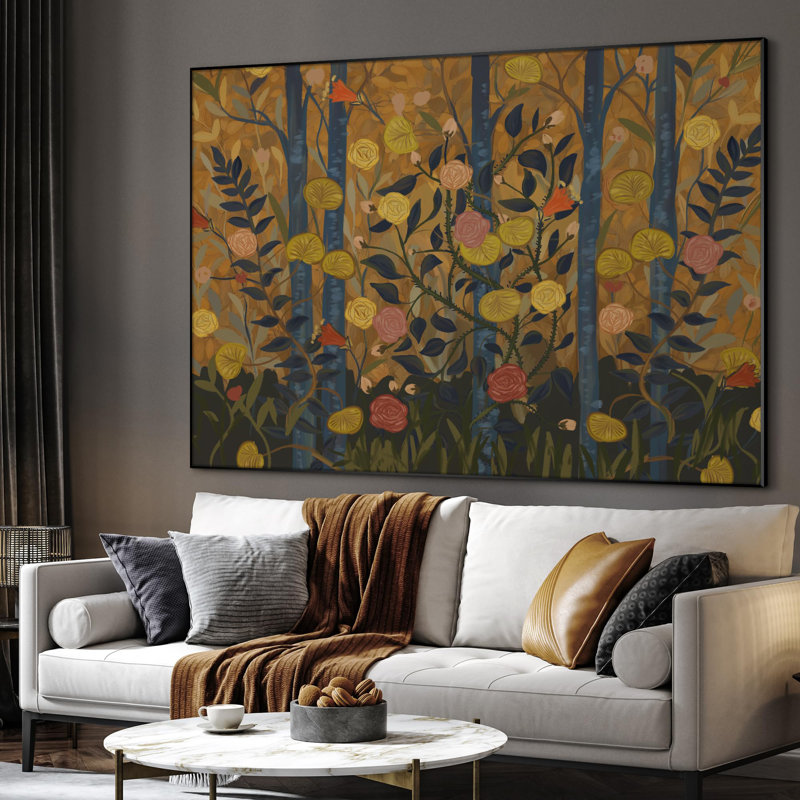 Très grand, reproduction d'art sur toile - Forêt enchantée encadrée, fantaisiste, fleurs et arbres, œuvre d'art, décoration pour le salon ou la chambre à coucher - «Assemblage requis du cadre (cadre non fini)»