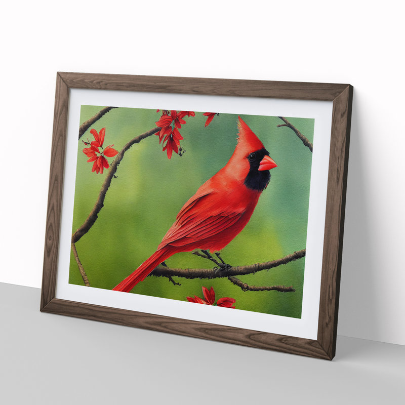 Watercolour Cardinal Bird Vol.2 - Single Picture Frame Painting, 25cm H x 34cm W x 2cm D, Walnut Framed