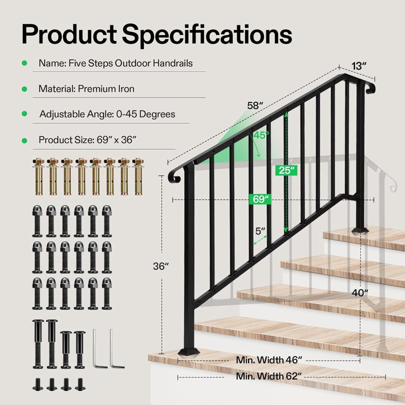 Outdoor Wrought Mattle Iron 5 Step Stair Handrail