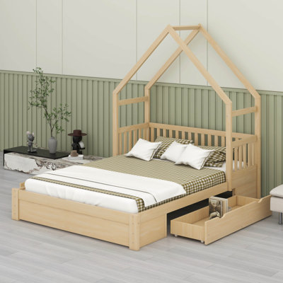 Lit plateforme grand en bois avec tête de lit garde-corps, 2 tiroirs et toit