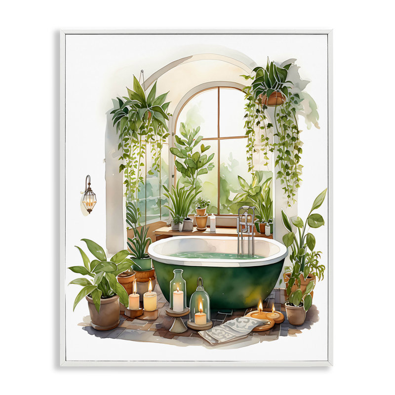 Tranquil Tub with Candles & Greenery Framed Giclee, design by Lettered and Lined, 14" H x 11" W, Coastal White Framed Giclee