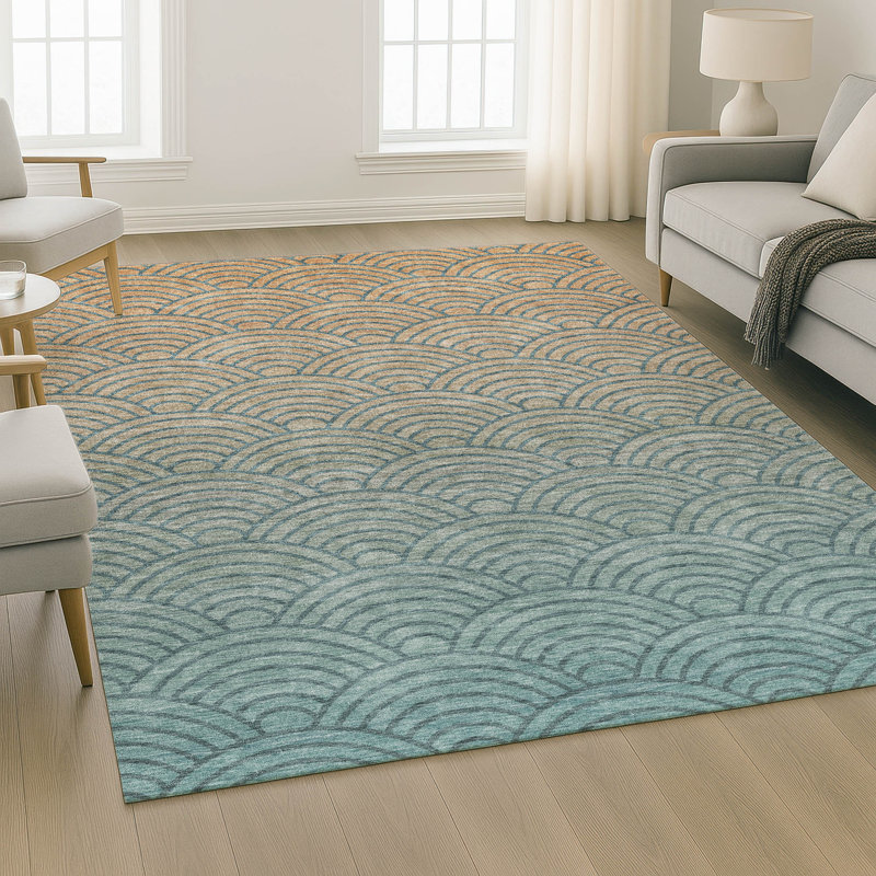 Premium Machine Washable Mayfield AMF2414 Arc Rug, Teal, 10' x 14'