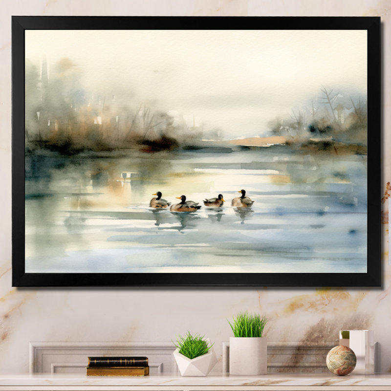 «Ducks in Pond II», art mural sur toile, H 24 po x l 32 po x P 1 po, Cadre noir