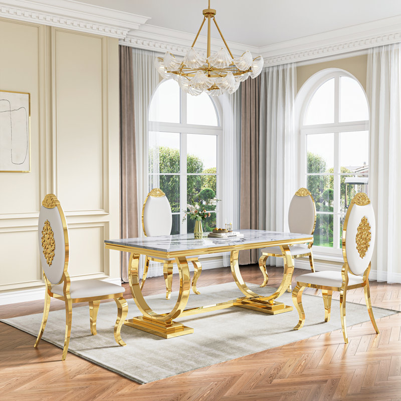 70" Dining Table Set, Faux Marble Dining Table Set With High Backrest Dining Chairs, Modern Kitchen & Dining Room Sets
