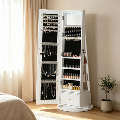Armoire à bijoux avec miroir pleine grandeur sans cadre, organisateur d'armoire à bijoux pivotant à 360 ° avec 3 tablettes arrière, 6 DEL, rangement verrouillable pour les femmes, blanc