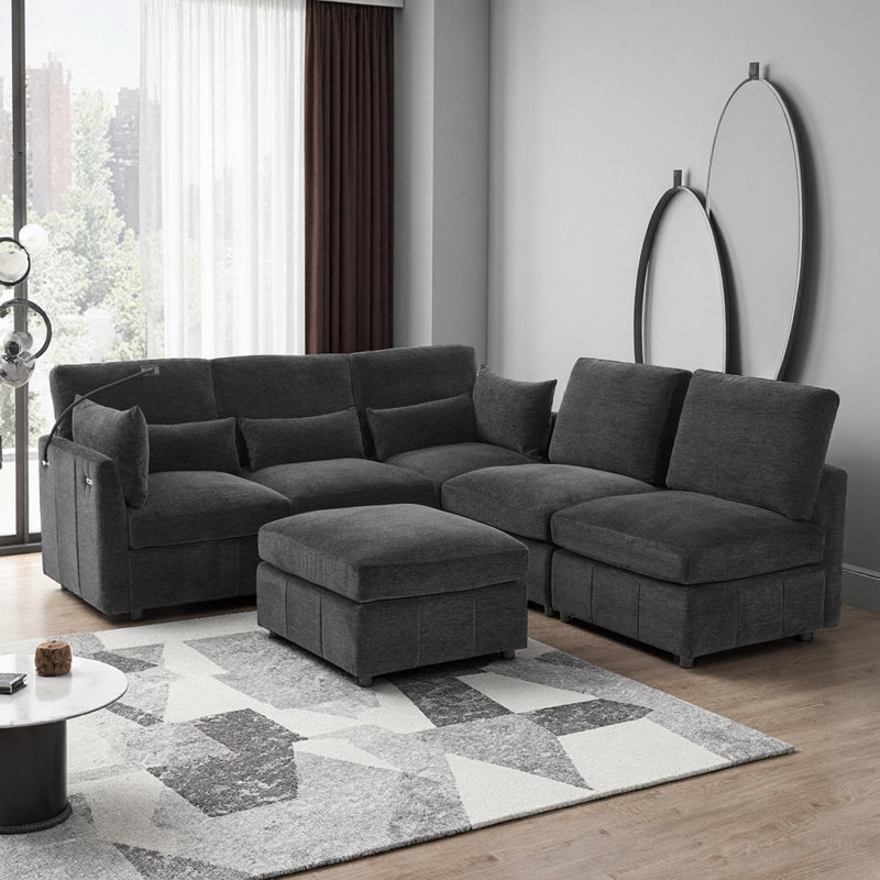 Black Chenille Modular Sectional Sofa with Movable Ottoman & USB Charger, Black