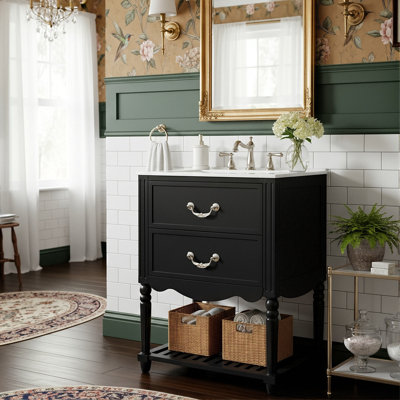 24-Inch Small Bathroom Vanity With Two Drawers And Open Shelf, Retro Bathroom Cabinet With Ceramic Sink And Decorative Wave Details