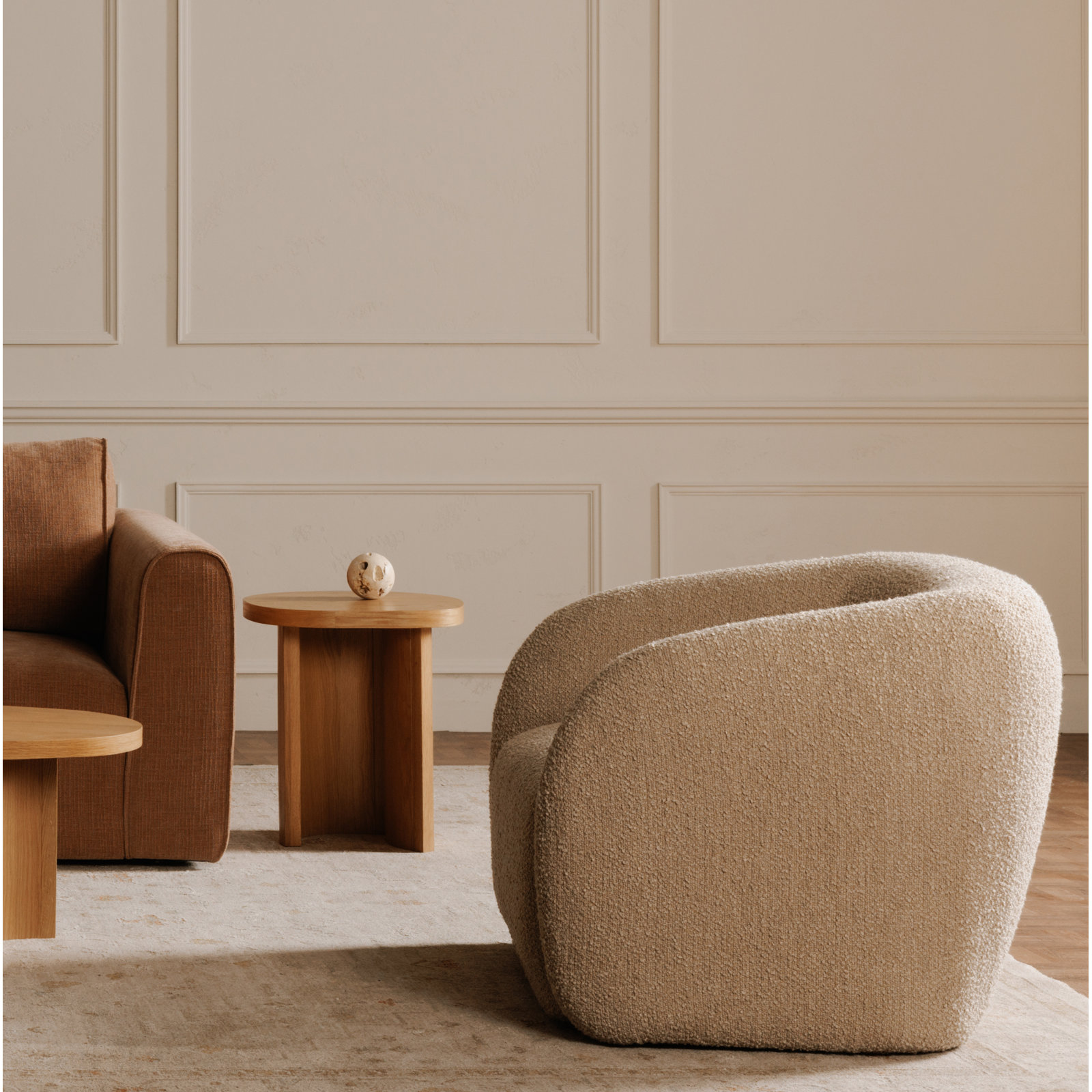 Penelope Barrel Armchair, Beige Boucle