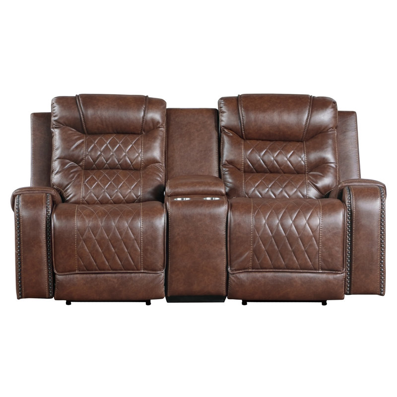 Denby 77.5" Traditional Faux Leather Power Double Reclining Loveseat with Power Reclining Motion, Integrated Console with USB & Outlets