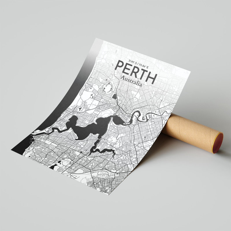 «Perth City Map», impression, Noir / blanc, H 24 po x l 18 po