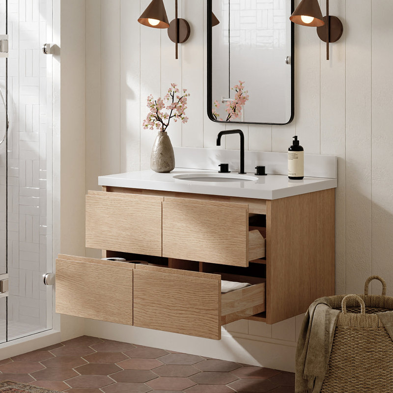   Ensemble de meuble-lavabo mural ovale simple 36 po avec comptoir en quartz blanc de 1,5 po Ensuko, Ovale, Chêne naturel