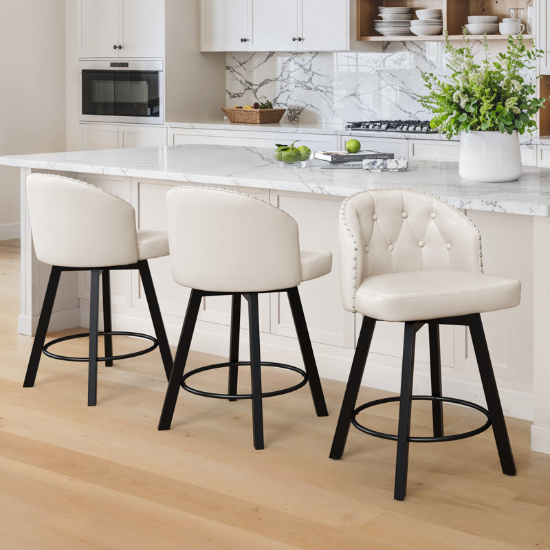 Tabouret de comptoir pivotant de 26 po avec dossier capitonné à boutons et structure en métal, Blanc / similicuir