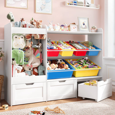 Organisateur de rangement pour jouets de 41,3 po de hauteur, grand rangement pour animaux en peluche avec 6 bacs en plastique, bibliothèques pour enfants avec 3 tiroirs mobiles pour chambre d'enfant, salle de jeux, chambre de bébé (blanc / jaune / rouge)