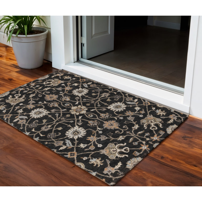 Tapis extérieur lavable floral noir 3 pi x 5 pi brun et ivoire