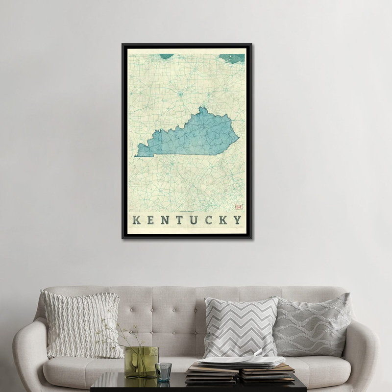 «Kentucky Map», impression sur toile, H 26 po x l 18 po x P 1,5 po, Toile avec cadre noir, Pas de tapis