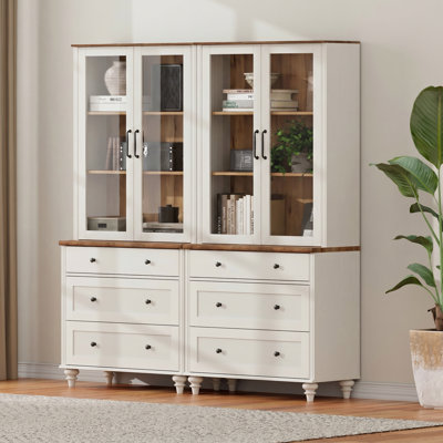 Girlene 72"H X 68"W 5-Tier Bookcase With Glass Doors, Bookshelf With 6 Drawers, Farmhouse Library Wooden Bookshelves For Living Room, Office, Kitchen, White