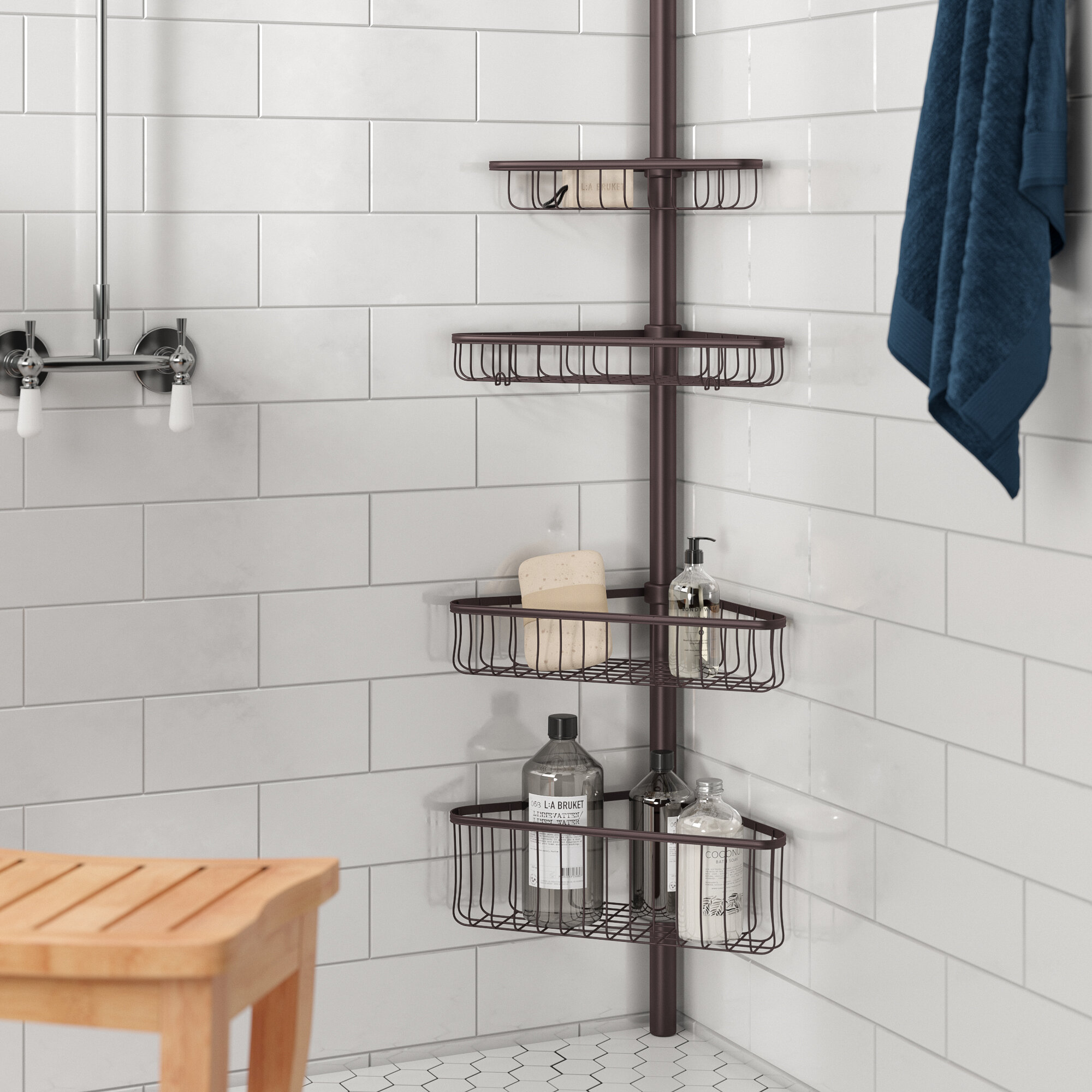 Bathroom Constant Tension Shower Caddy Pole, Commecial Grade Rustproof  Corner Rack - Ivory