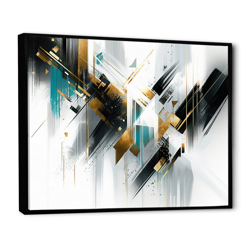 " Teal Gold Cubist Kaleidoscope I ", H 30 po x l 40 po x P 1,5 po, Cadre flottant noir