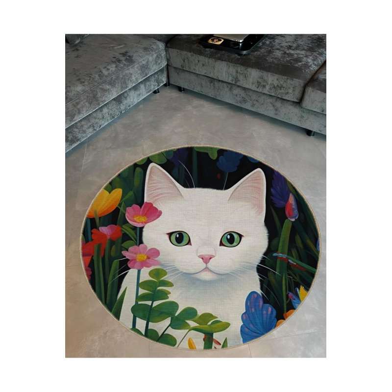 Modern Decorative Carpet With Flower Detailed White Cat Pattern, Round 5'