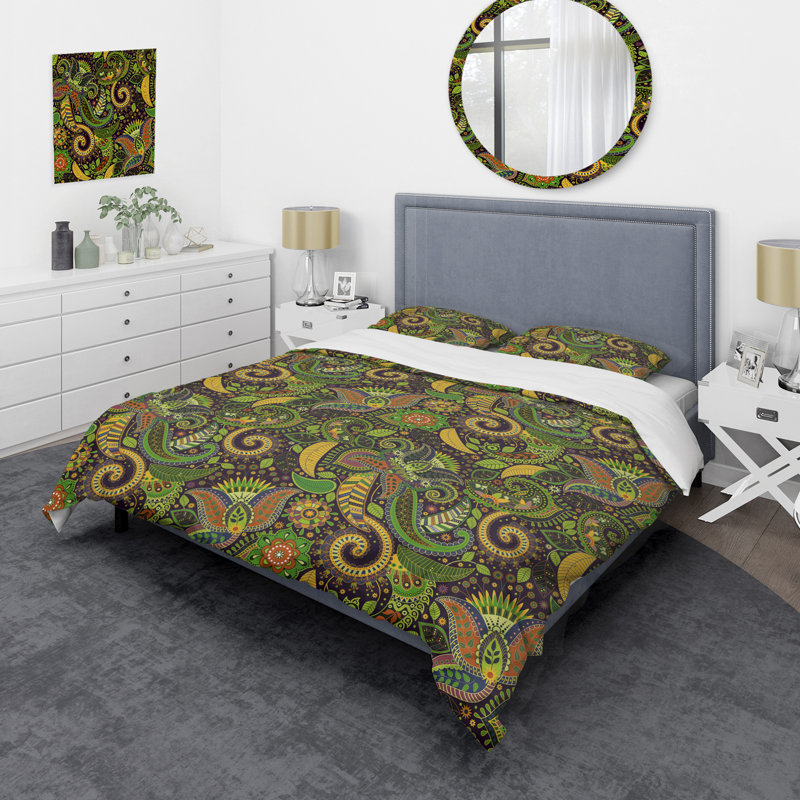Cachemire vert floral - ensemble de housse de couette abstrait - microfibre de polyester