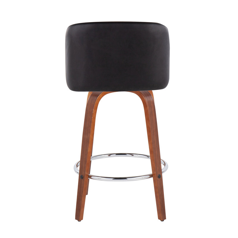 Toriano Mid-Century Modern Fixed-Height Counter Stool In Walnut Wood With Round Chrome Footrest And Black Faux Leather By Lumisource - Set Of 2
