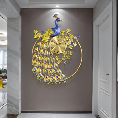 Large Peacock Crystal Wall Clock For Living Room Decor, 3d Peacock Wall Clock Modern Iron Non Ticking Wall Clocks Battery Powered For Kitchen Bathroom Bedroom Wall Decor