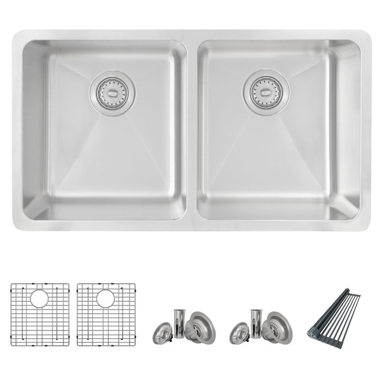 AZUNI Undermount or Drop-In 32 inch Stainless Steel Double Bowl Kitchen Sink with Grid, Strainer and Drying Rack, C233
