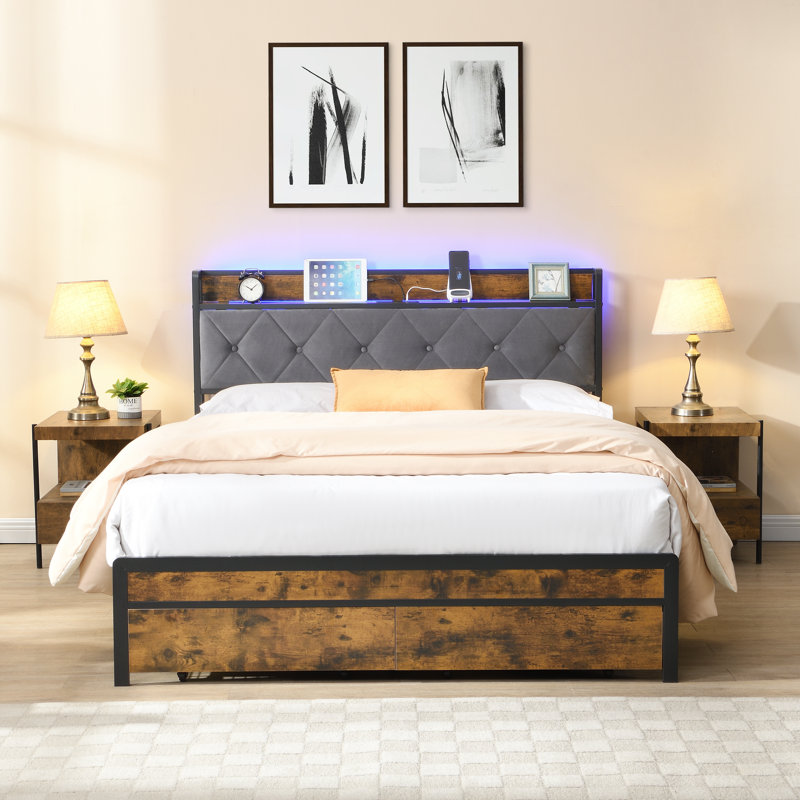 Structure de lit très grand avec lumières DEL, tête de lit avec rangement, chargement USB, 2 tiroirs, aucun sommier requis, gris, 86,6 x 76 po