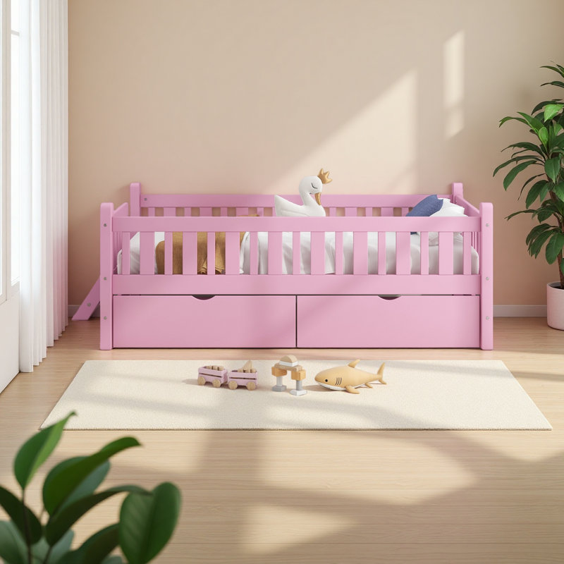 Lit plateforme en bois avec garde-corps et 2 tiroirs, Rose