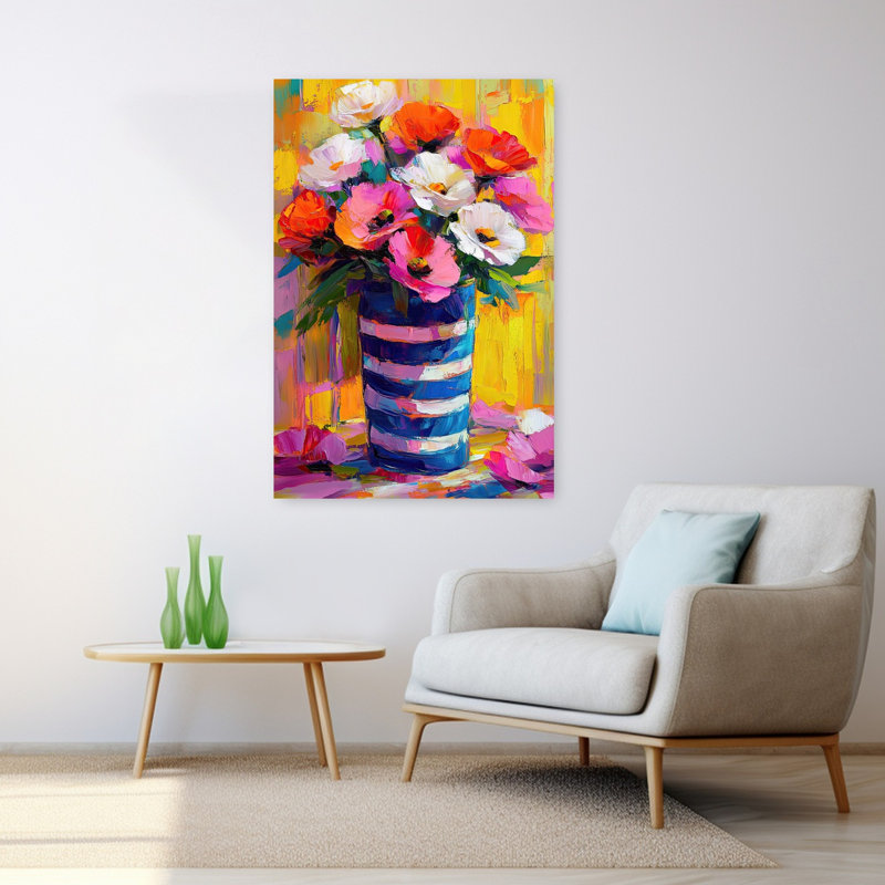 Vase rayé bleu coquelicots sur fond jaune, 48" H x 32" W