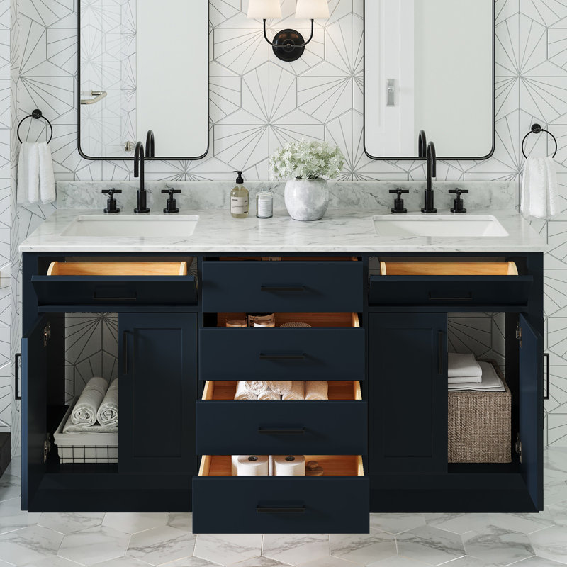 Tidworth Solid Wood Double Bathroom Vanity with 1.5' Carrara Marble Top, Forme rectangulaire, Bleu minuit, Laiton
