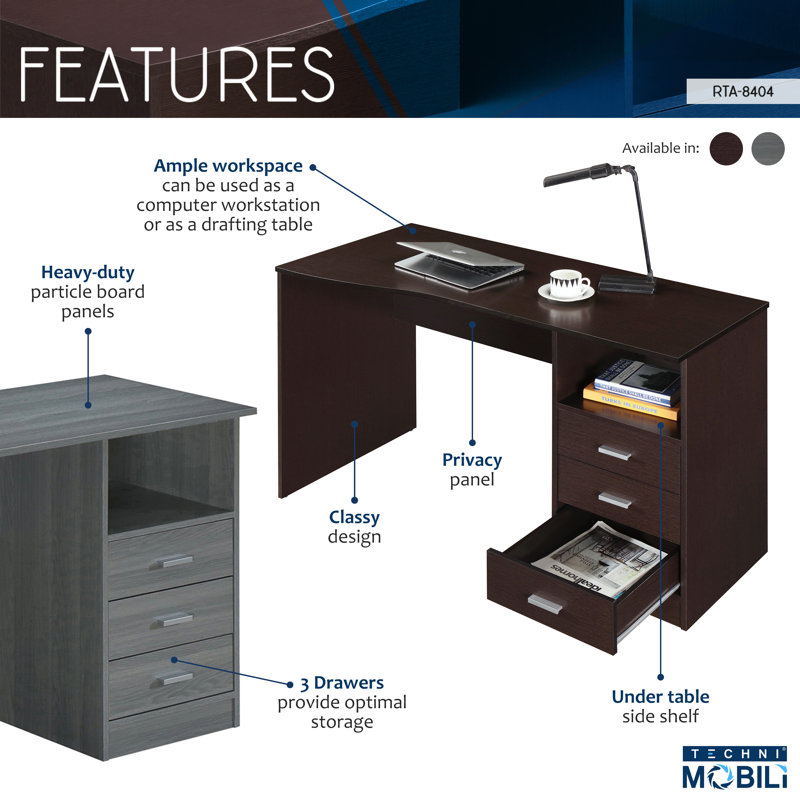 Brit Computer Desk, Gray, 29.5" H x 51.25" W x 23.5" D