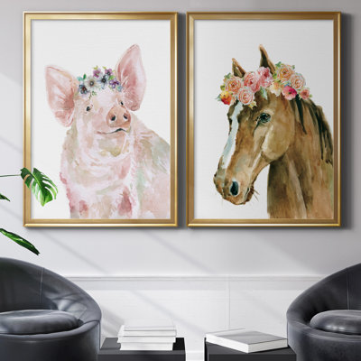 Cochon couronne de fleurs - ensemble de 2 peintures