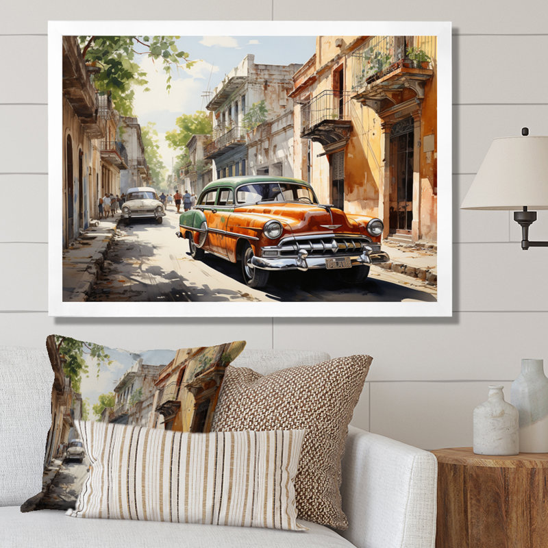 «Havana Orange Car», reproduction sur toile, Cadre simple blanc, H 30 po x l 40 po x P 1,5 po
