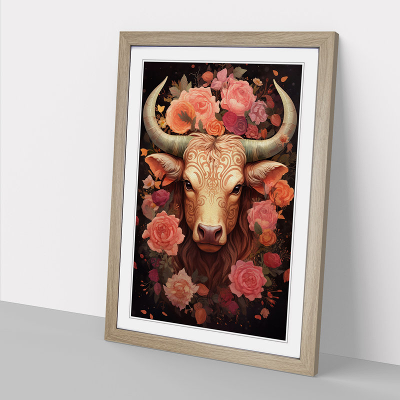 XYZ-FRM-V1223-1615 Taurus Zodiac Tachisme - Single Picture Frame Print on Wood, Oak , 34cm H x 25cm W x 2cm D