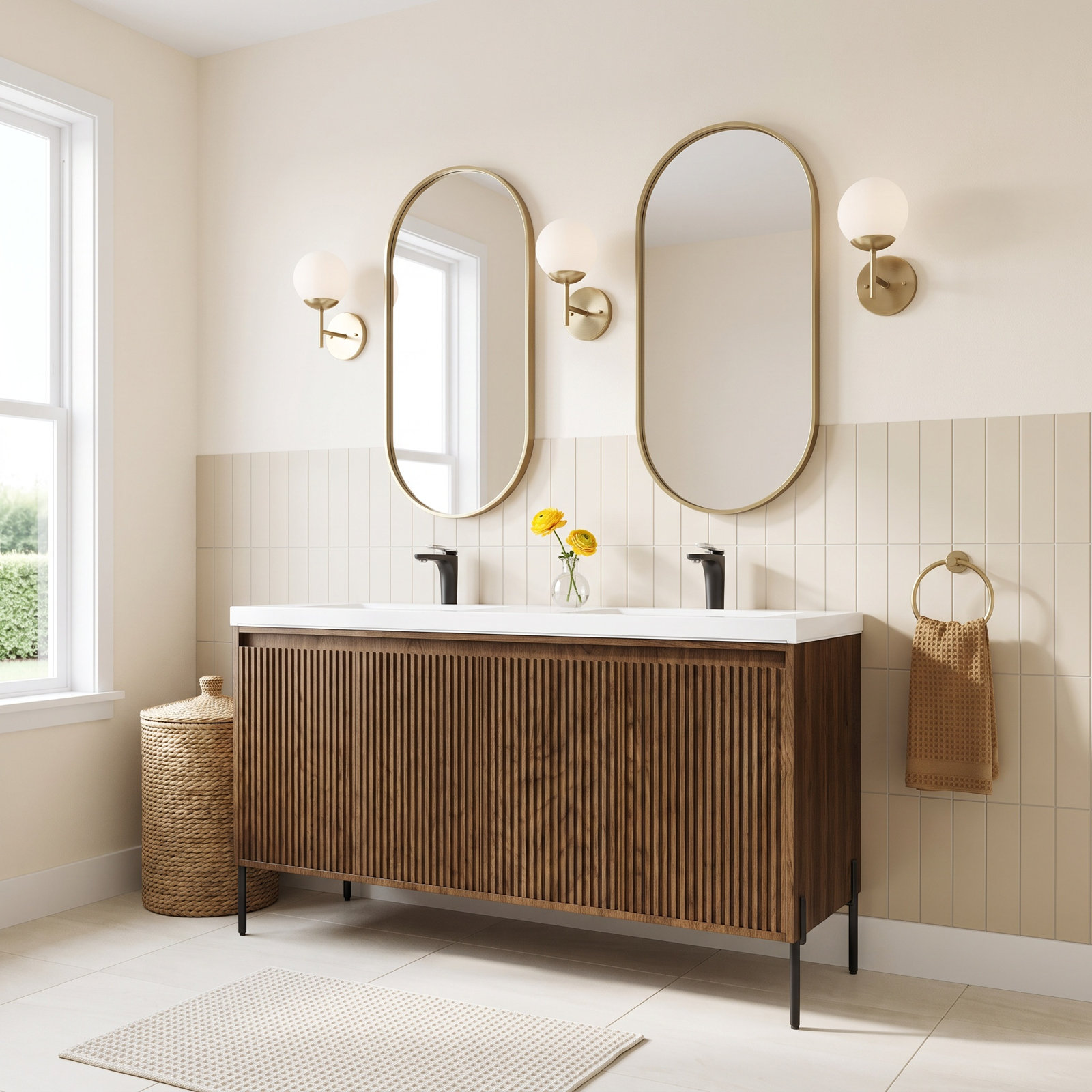 Socwell 73" Double Bathroom Vanity, Walnut, White