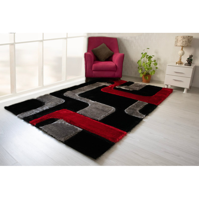 3D Shaggy Red/Black 5X7 Area Rug