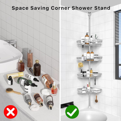 SUS304 Stainless Steel Adjustable Tension Pole Corner Shower Organizer, No Drilling Bathroom Caddy With 4 Adjustable Shelves For Shower Storage, Rust-Proof Design