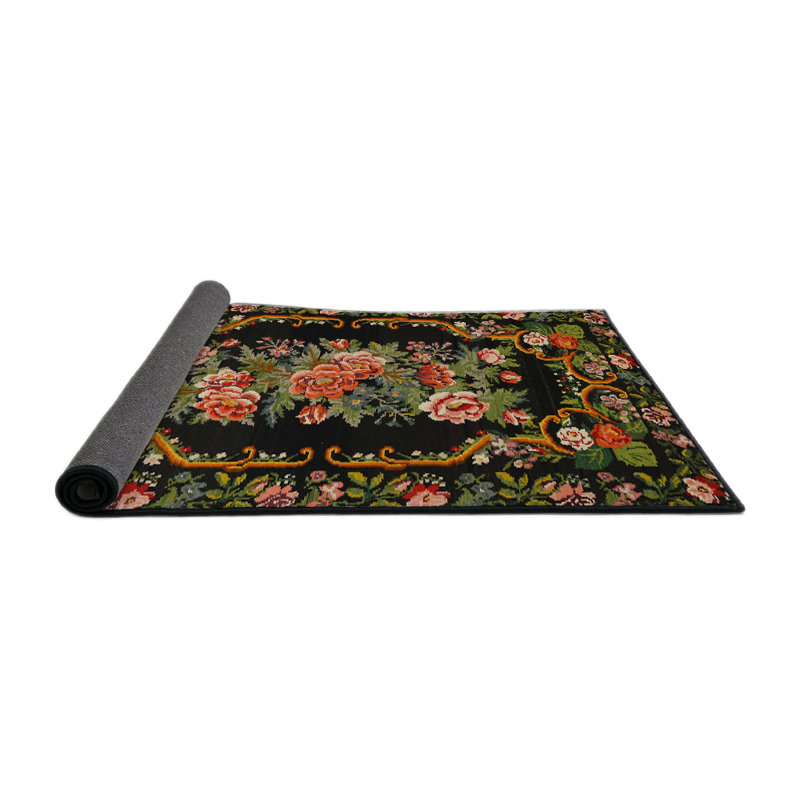 Tapis traditionnel noir / vert / rouge, Rond 4 pi