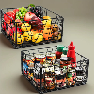 Paniers de rangement pliables en métal avec poignées, 2 paniers de rangement en fil métallique pour garde-manger, armoires de cuisine, salle de bain et garage