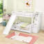 Lit superposé simple au dessus d'un lit double en bois avec escalier de rangement, glissoire et tiroirs-1205261767