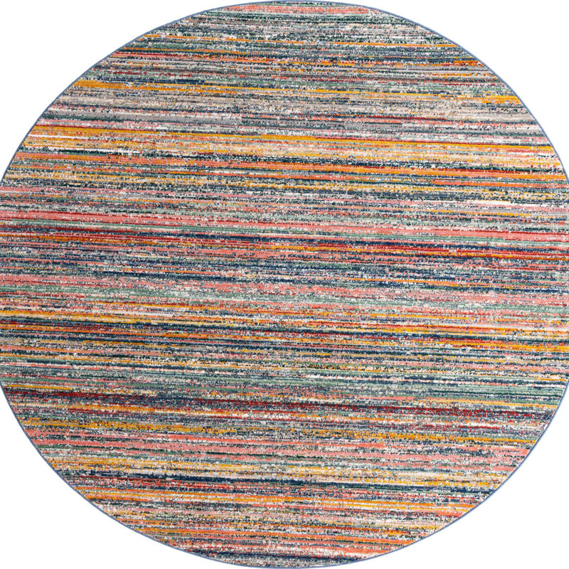 Tapis rayé jaune / bleu / rouge / bleu marine Hulsey, Rond 3 pi 3 po
