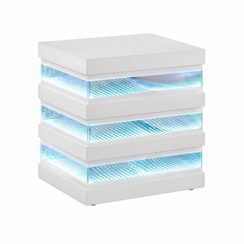 Table de bout carrée en verre trempé blanc 19,7 po avec haut-parleur Bluetooth intégré Matsala, station de charge sans fil, éclairage DEL à sept couleurs et tiroirs intégrés