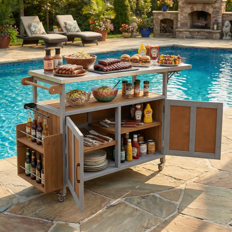 Îlot de cuisine pliable 60,6 po avec plateau en acier inoxydable - Chariot de préparation de barbecue mobile avec armoire de rangement et porte-serviettes - Cadre en bois massif - Noir
