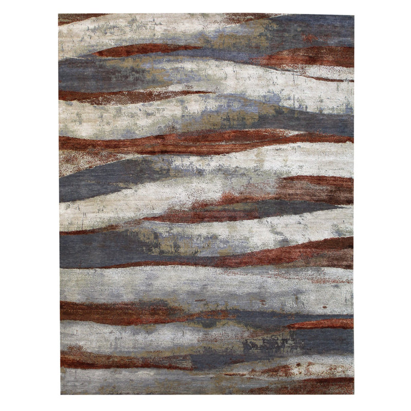 Tapis gris noué à la main de conception unique 8 pi 1 po x 10 pi 3 po New Age