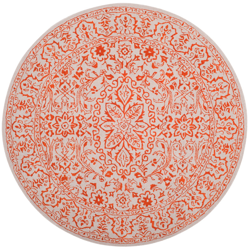 Zeringue Hand Tufted Viscose/Wool Floral Rug in Gray/Rust, Round 6'